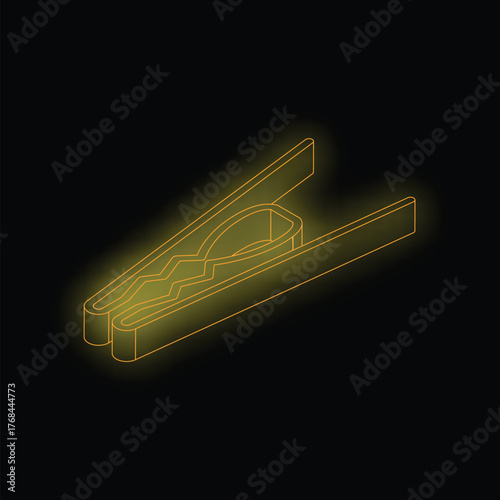 Yellow neon icon of a clothes peg glowing on dark background