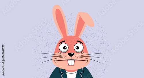 Cartoon rabbit with long ears, buck teeth, and a serious expression wears a jacket against a lavender background with a textured effect.