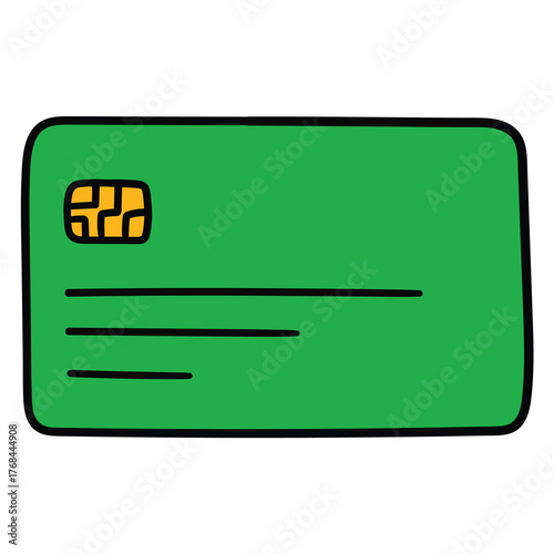 Hand-drawn cartoon green credit or debit card on a white background.