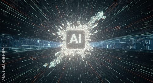AI technology explosion and data flow in a futuristic digital space