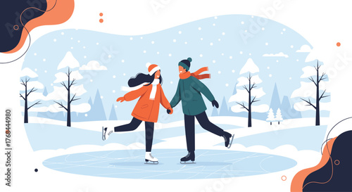 A couple ice skating in a winter landscape with falling snow, trees, and design elements.