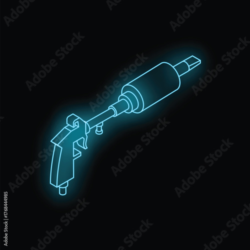 Neon glowing blue icon of a glue gun with a cartridge on a black background isometric view