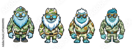 set of yeti big foot wearing army camo uniform and sunglasses