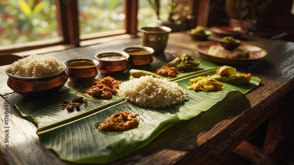 custom made wallpaper toronto digitalTraditional Onam sadya meal with rice and curries served on banana leaf at wooden table in natural light
