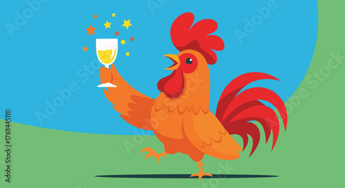 Illustration of a rooster raising a glass of wine while celebrating, evoking the symbolism often associated with good fortune and beginnings.
