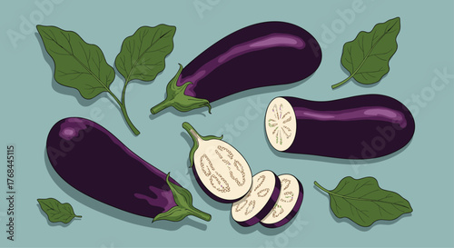 Arrangement of whole and sliced eggplants with leaves on a light blue background is an illustrative and edible still life image.