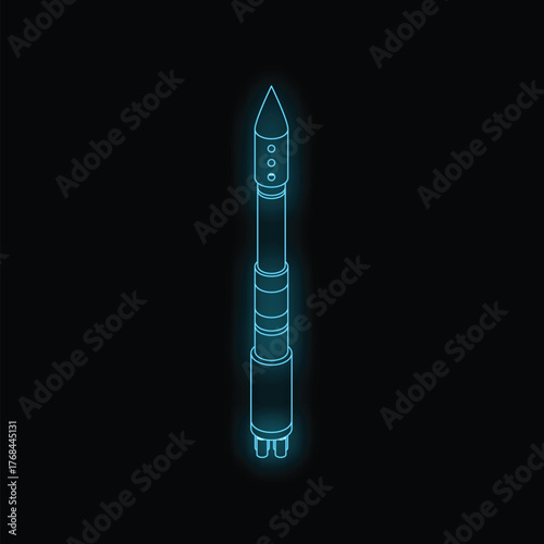 Neon blue rocket ship glowing on a black background representing space exploration and futuristic technology
