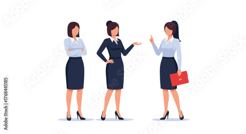 Businesswomen in formal attire discussing ideas and collaborating on a project or presentation.