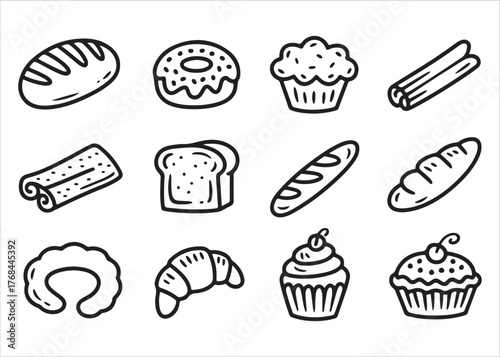  Collection of hand drawn bakery items including bread donuts muffins croissants and cakes