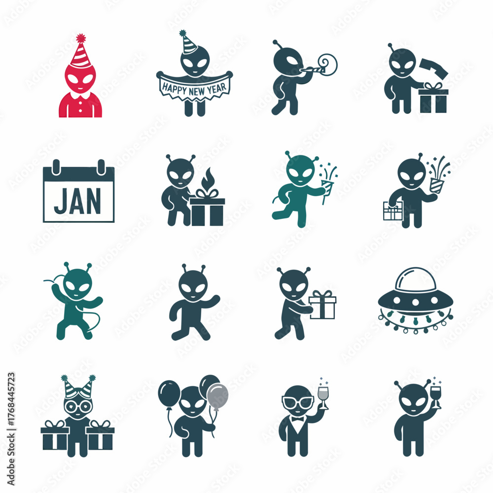 Fototapeta premium Festive Alien Icons: Celebrating New Year and Special Occasions.