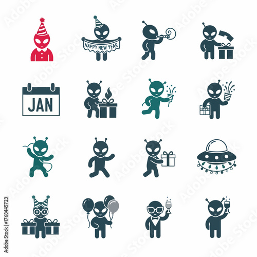 Festive Alien Icons: Celebrating New Year and Special Occasions.