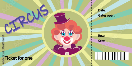 Colorful sample for one person circus ticket featuring a cartoon clown in the centre