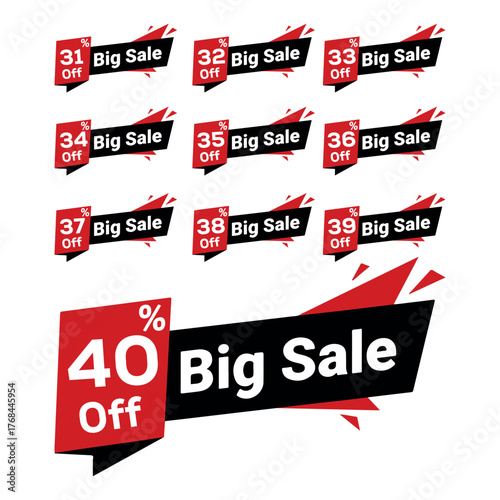 Collection of red and black discount labels with percentages from 31% to 40%. Perfect for e-commerce, retail marketing, and promotional sales design templates.