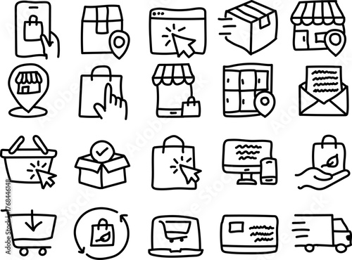 Hand Drawn ECommerce Icon Set for Online Shopping, Delivery, and Digital Store Illustrations