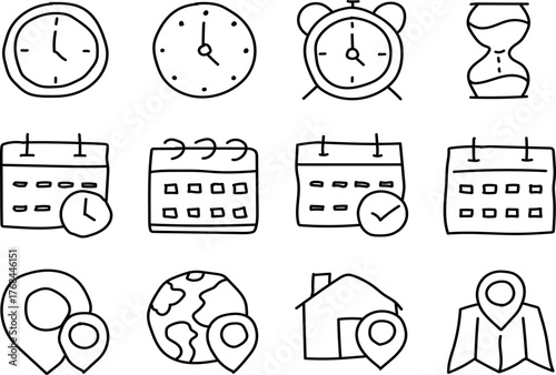 Hand Drawn Time and Location Icon Set for Schedule, Calendar, and Mapping Illustrations