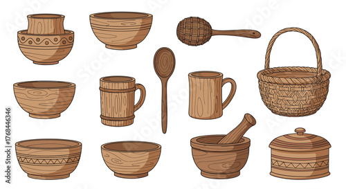 Collection of rustic wooden kitchenware and utensils with various bowls and baskets.