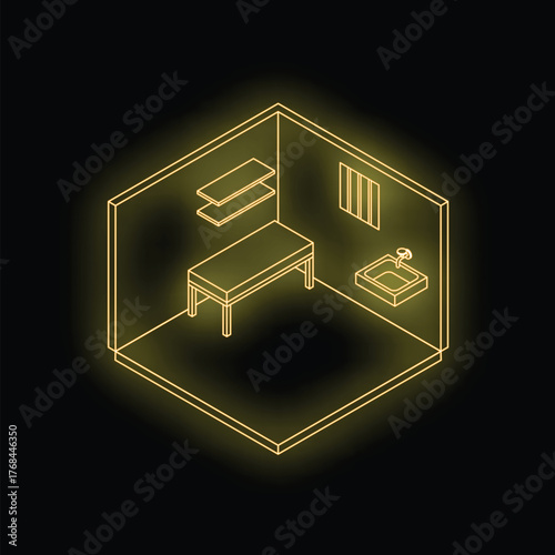 Neon yellow glowing prison cell interior isometric view with barred window, bed, sink and shelves