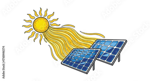 Illustration of a bright yellow sun emitting rays towards two blue solar panels on a white background.
