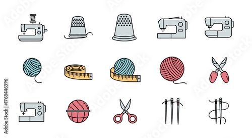 Collection of sewing and craft icons including sewing machines, thimbles, yarn, and needles.
