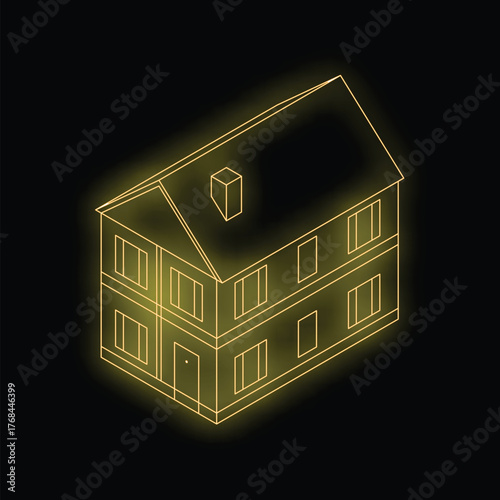 Wireframe model of a two storey house glowing yellow on black background