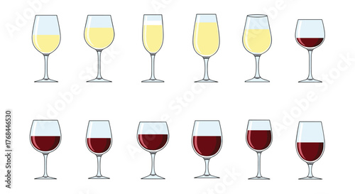 Collection of wine glasses filled with red and white wine, and champagne.