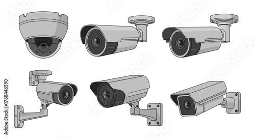 Collection of various security cameras, including dome and bullet styles, mounted on walls and ceilings.
