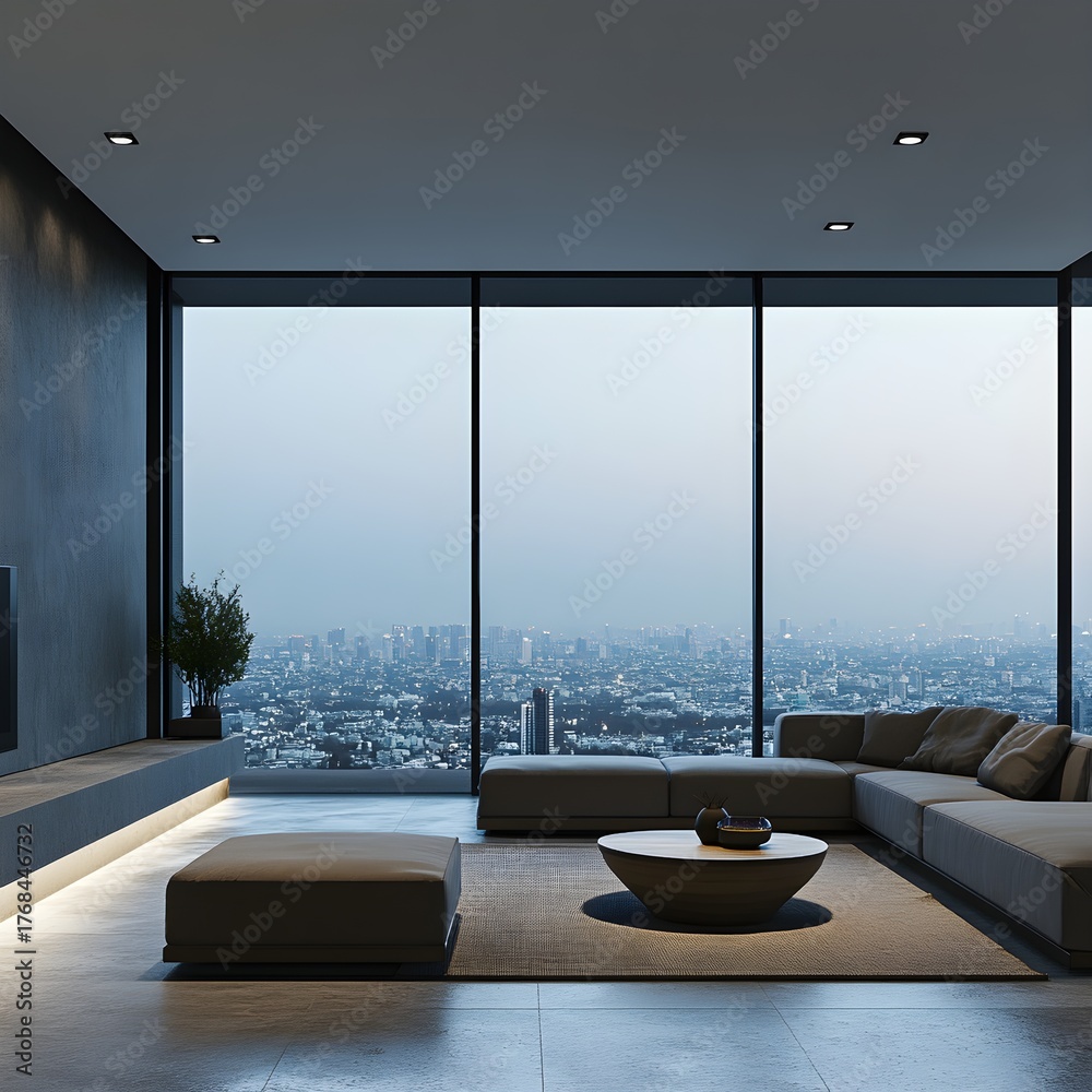 Fototapeta premium Minimalist Living Room Night City View Gray Sofa Large Window