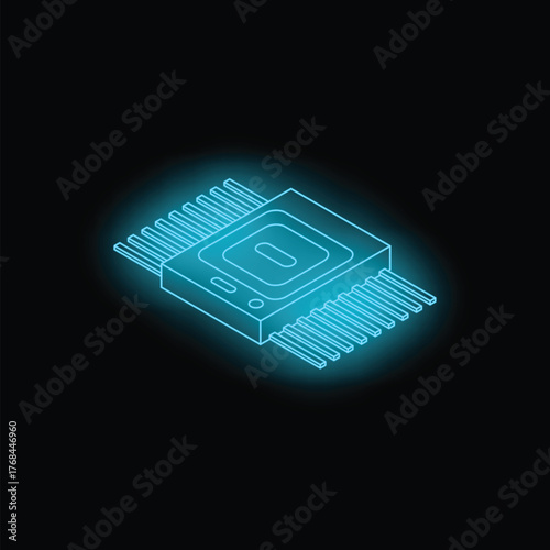 Fototapete Neon blue microchip representing technological advancement, glowing on a black b