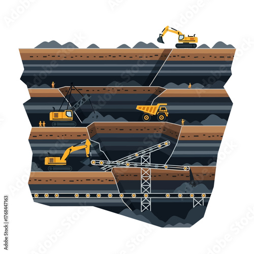 Vector illustration of a multi-level open-pit coal mine showing the extraction process with heavy machinery like excavators and trucks.