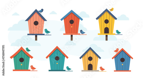 Collection of colorful birdhouses with small birds perched on them against a cloudy sky.