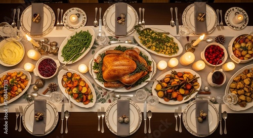 Overhead view of a thanksgiving dinner table setting with roasted turkey