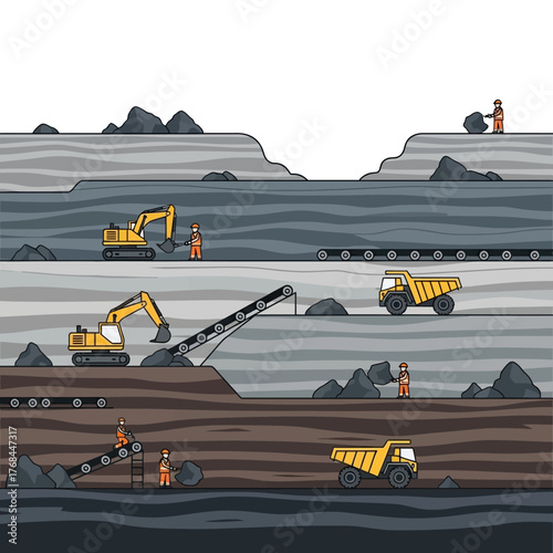 Illustration of a coal mine with excavators, trucks, and workers.