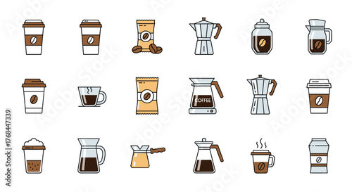 Collection of flat icons representing various coffee-related items and brewing methods.