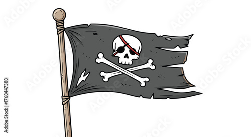 A tattered black pirate flag with a skull and crossbones flutters on a wooden flagpole.