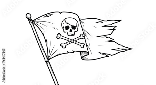 Black and white illustration of a tattered pirate flag with a skull and crossbones design waving in the wind.