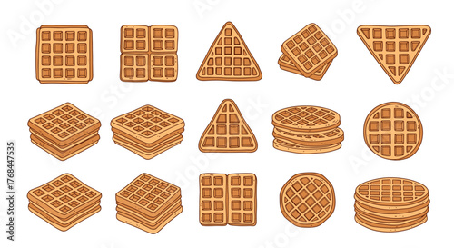 Various types of delicious waffles stacked and arranged in a pattern.