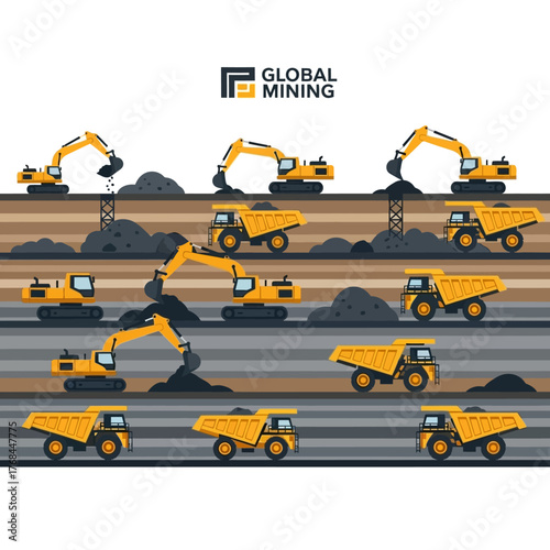 Illustration of a large-scale open-pit mining operation with multiple excavators and dump trucks working on different levels of earth.