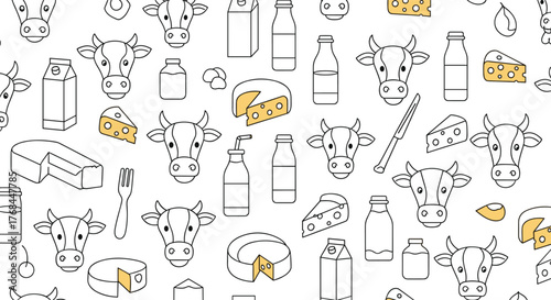 Pattern of dairy products and cute cows, including cheese, milk cartons, and bottles.