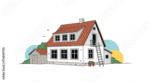A charming illustration of a white house with a red roof and a small shed.