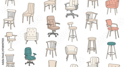 Collection of various illustrated chairs and stools in a repeating pattern.