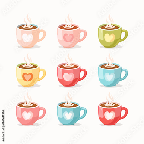 Nine Colorful Cartoon Coffee Cups with Heart Designs and Steam.