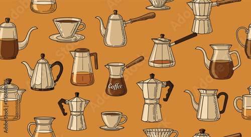 A repeating pattern of various coffee pots, cups, and pour over makers on a tan background.