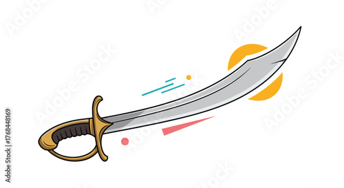 Stylized illustration of a curved sword with a golden hilt and guard, against a white background with abstract shapes.