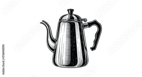 Black and white illustration of a classic coffee pot with a handle and spout.
