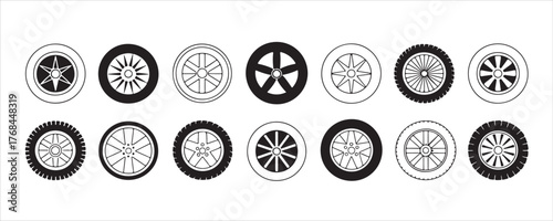 Diverse tire and rim collection showcasing modern wheel designs for automotive projects and transportation visuals