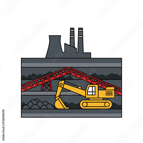 Cross-section illustration of a coal mine, showcasing machinery and infrastructure for extraction and processing.