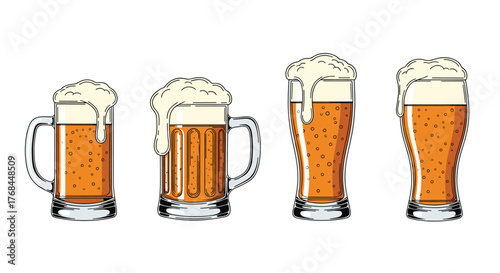 Four different glasses of frothy beer with orange hues and bubbles against a white background.