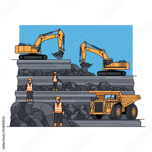 Vector illustration of an open-pit coal mine with excavators, a dump truck, and miners at work.