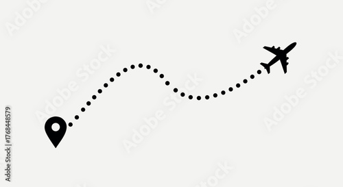 Airplane travel route dotted line vector icon with location pin, flight path concept design.eps
