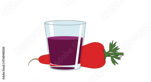 Glass of purple juice next to a carrot and a red bell pepper with green stems.
